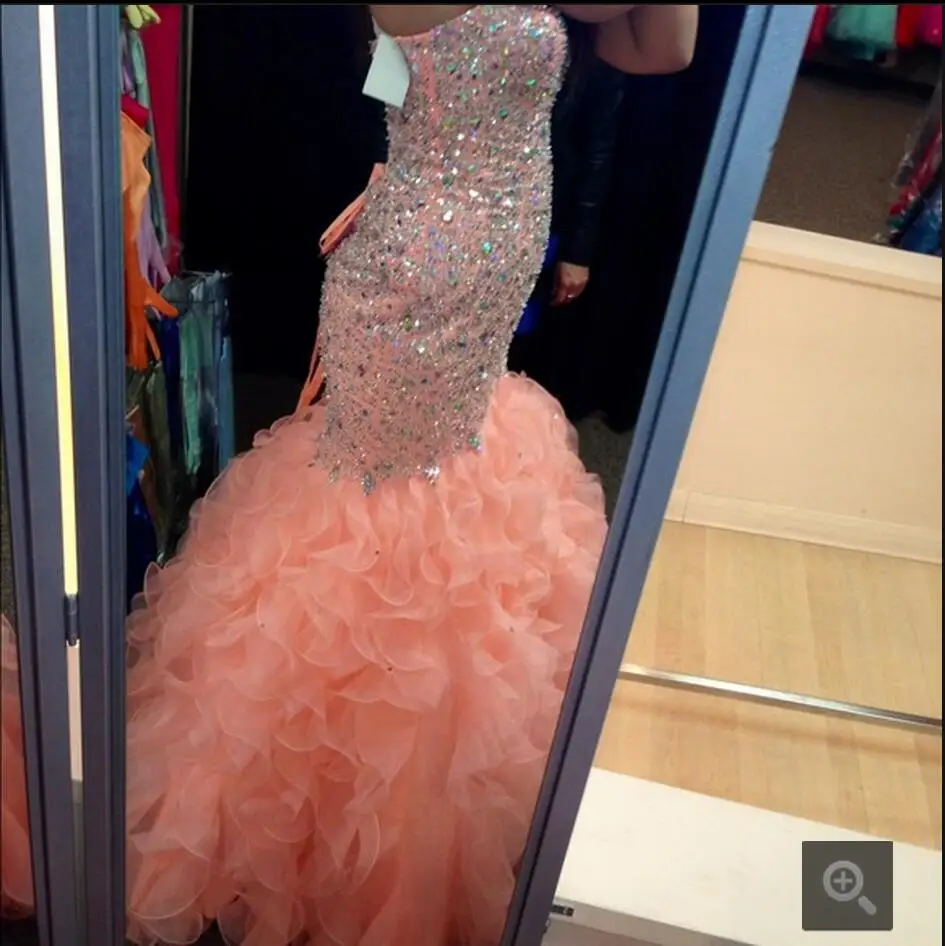 2016 real picture mermaid with heavily beading prom dress organza ruffled formal floor length prom gowns best selling