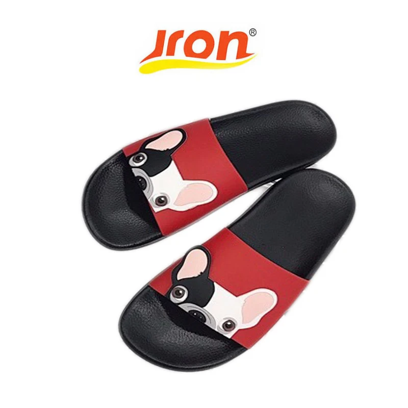 

Jron Cartoon Dog Pattern Women Slides Pu Leather Beach Shoes Women Flat Heels Flip Flops Barefoot Slippers Zapatillas Mujer