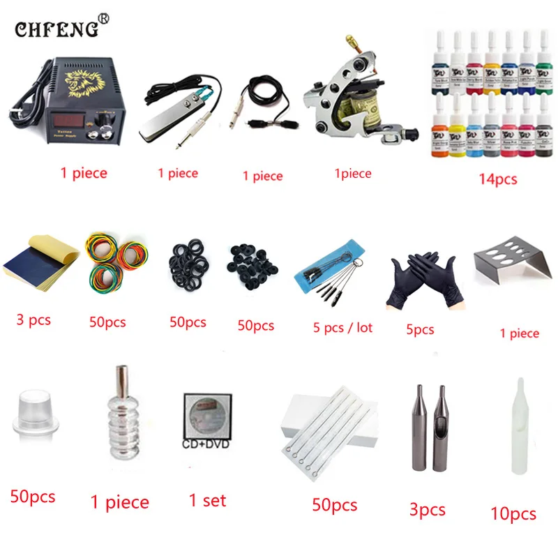 

Professional 1 Set Tattoo Kit Mini Gun Rotary Machine Equipment sets +Ink +Power Supply +Needle + CD for Beginners Body Art