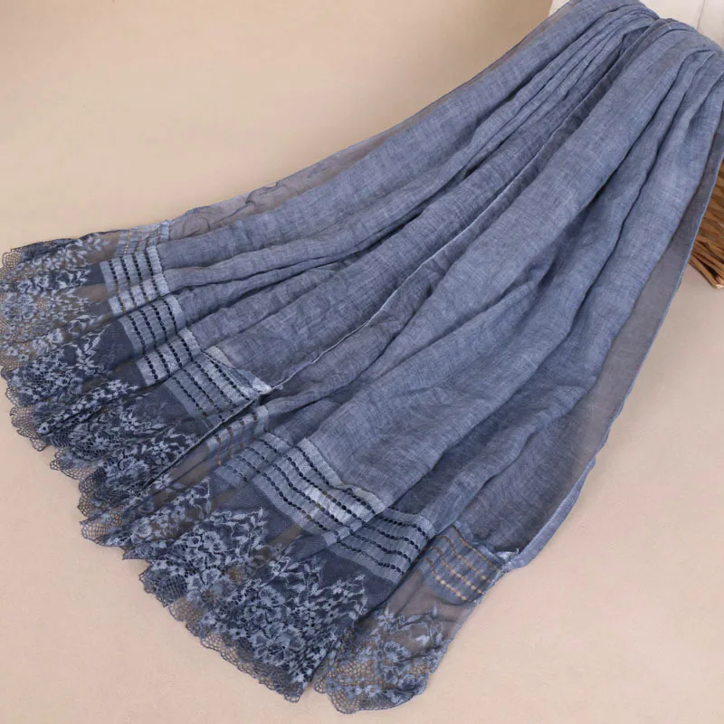 Женский модный однотонный кружевной Цветочный лоскутный шаль из вискозы шарф высокого качества мусульманский хиджаб Sjaal головной убор 180*85 см