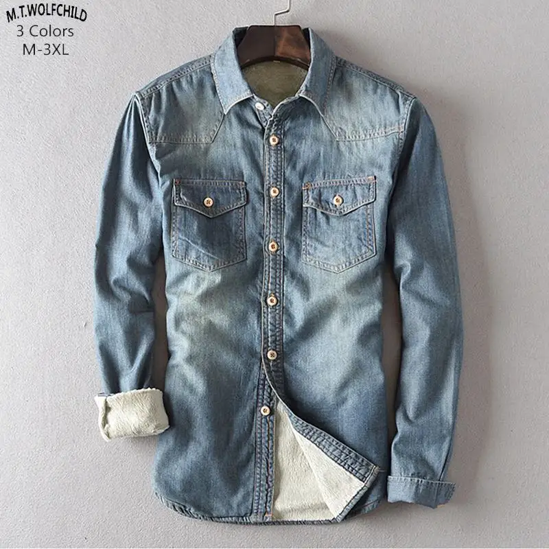 

100% Cotton 2018 Winter Mens long sleeve fleece thick denim shirts casual Distressed vintage mens denim blue shirts fashion tops