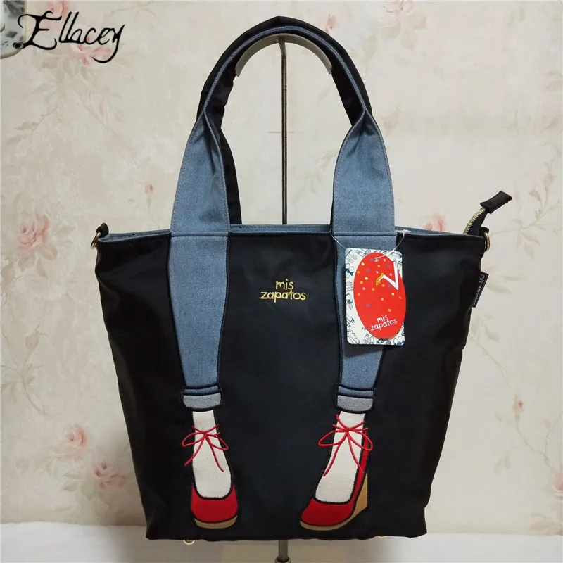 

New Casual Women High Heel Foot Pattern Handbags School Girls Party Nylon Tote Bags Simple Large Capacity Shopping Bag
