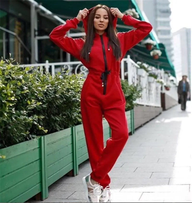 Ladies Women Jumpsuit Zipper Hooded Clubwear Party Bodycon Long Pants Casual Romper Solid Warm Cotton Skinny Soft Clothing - Color: Red