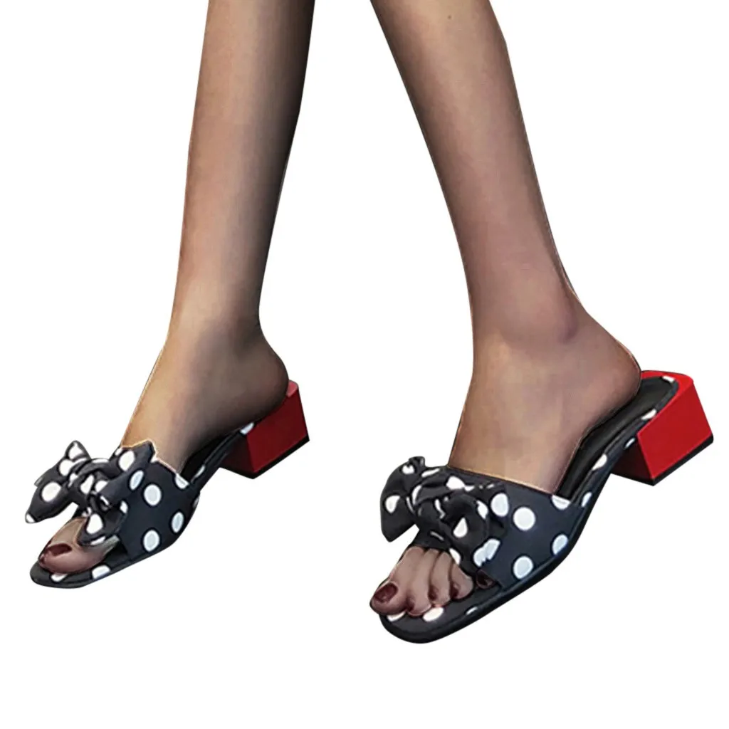 MUQGEW/Женская обувь с открытым носком; модный стиль; повседневная обувь с бантом; узор в горошек; летние шлепанцы на квадратном каблуке; сандалии; обувь; Мода года