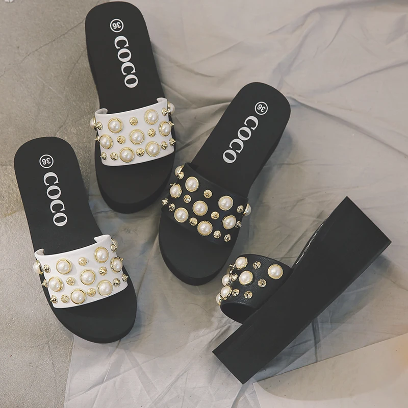 

Summer Woman Shoes Platform Wedge slippers pearl Beach Flip Flops High Heel Slippers For Women White Black PU Ladies Shoes