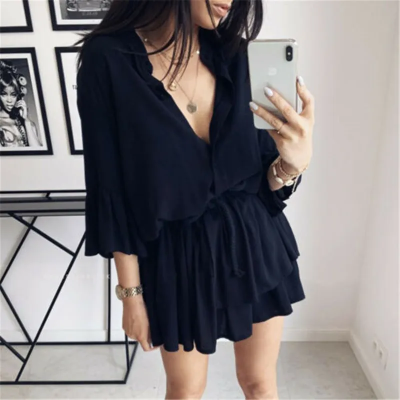 

Women Summer Boho Short Mini Dress Sexy V-neck Black Evening Party Beach Holiday Dresses Half Sleeve Ruffles Sundress Vestidos