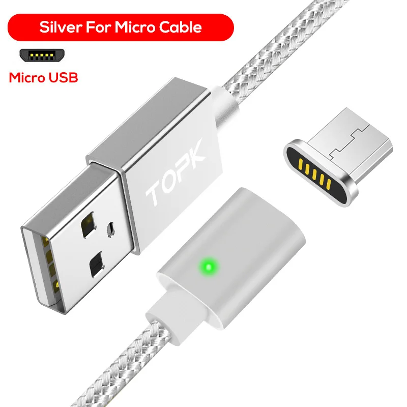 TOPK F-Line1 Магнитный Micro USB кабель со светодиодным индикатором обновленный нейлоновый плетеный кабель для синхронизации данных USB зарядный кабель для Micro USB порта - Цвет: Silver Cable