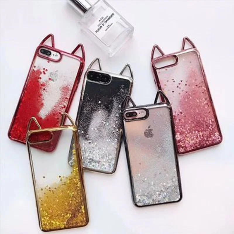 

Draw Original Pink Cat Ear Liquid Phone Case For iPhone X 8 7 6S 6 Plus Quicksand Red Glitter Cute Soft Back Cover Shining Cases