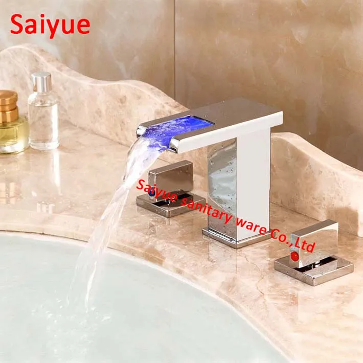 

Deck Mount Led light Tap Contemporary Widespread 3 Holes waterfall Bathroom Sink Faucet Chrome finish Dual Handles Basin Mixer