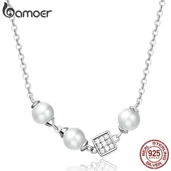 

bamoer Round and Cube Pearl Choker Necklace for Women Elegant Female Birthday Gifts Wedding Statement 925 Silver Jewelry BSN100