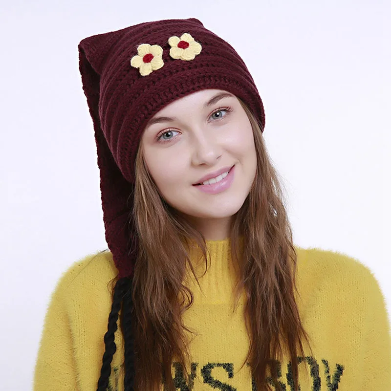 Runmeifa 2018 новый акриловый Для женщин Шапки с цветочным Kintted шапочки зима теплая шапка для Femme Бонне шапочка Кепки женский Кепки S