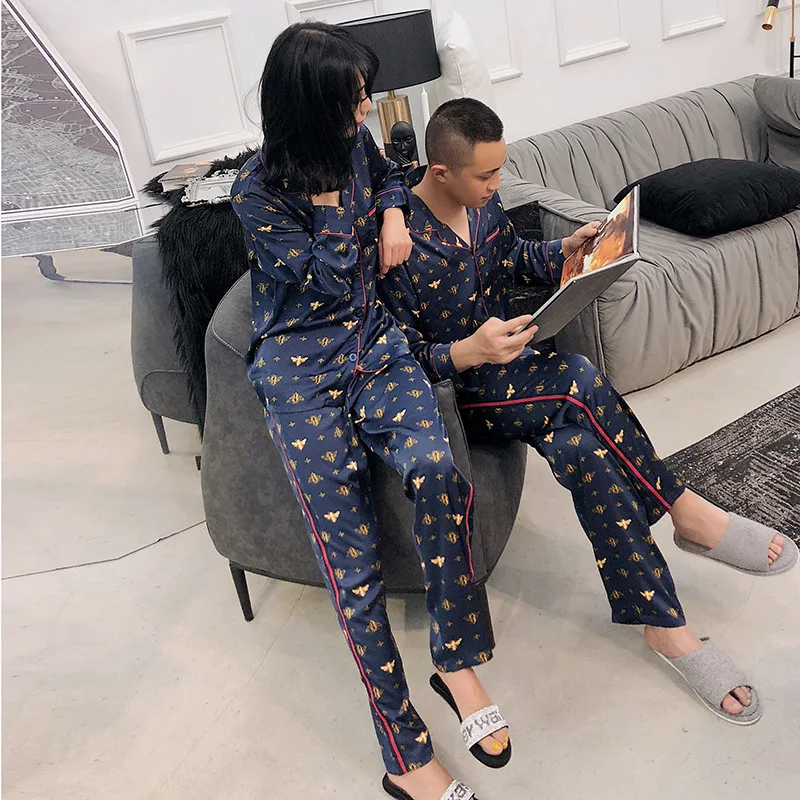 

Sexy sweet bee Couples sleepwear pajamas sets men Spring ice silk quality Lovers long sleeve pijamas women pyjamas men