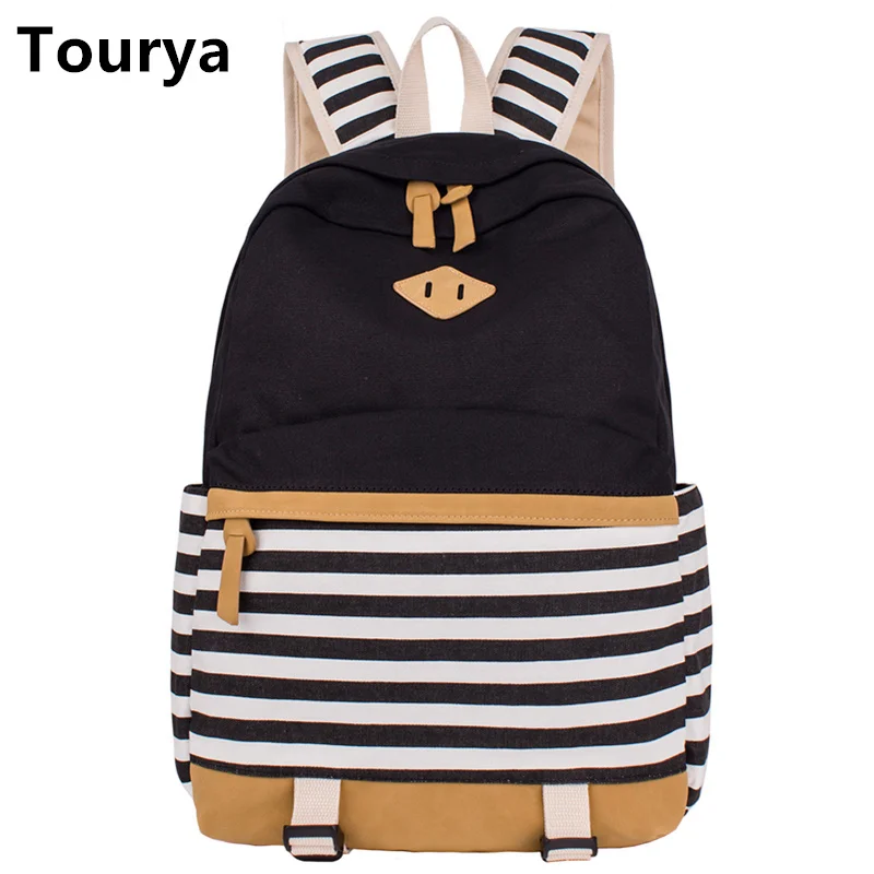 

Tourya Preppy School Bags Backpack For Girls Teenagers Cute Canvas Striped Printing Women Laptop Bag Female escolar mochilas