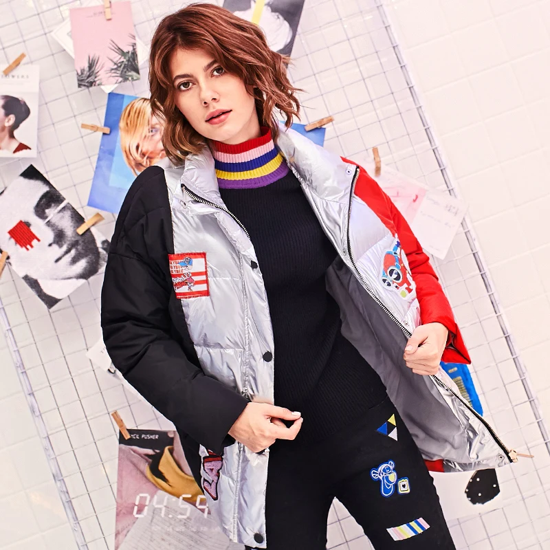 

Women Thick Warm Down Coat Fashion Letter Cartoon Patch Designs Winter Jacket Female Casual Loose Parka Plus Size Harajuku Coats