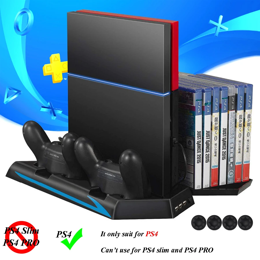 

PS4 Vertical Stand Cooling Fan, Cooler Station with 2 Controller Charging Port 14 Game Disc Storage 3 HUB Ports 4 Thump Grips