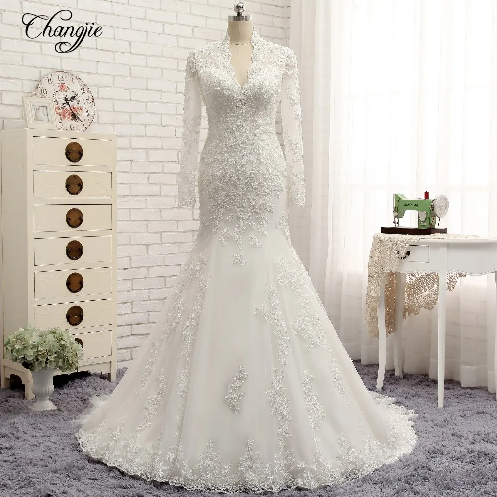 

New Long Sleeves Wedding Dress 2018 New Application Tulle Court Train Mermaid Bridal Gowns Button Back Vestidos de noiva