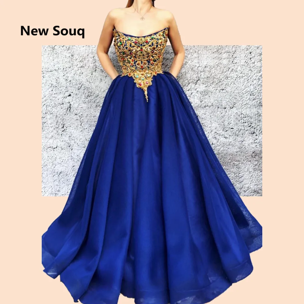 

Navy Blue Soft Tulle A-Line Prom Dresses Gold Applique Arabic Long Summer Prom Dress Strapless Backless Evening Gowns