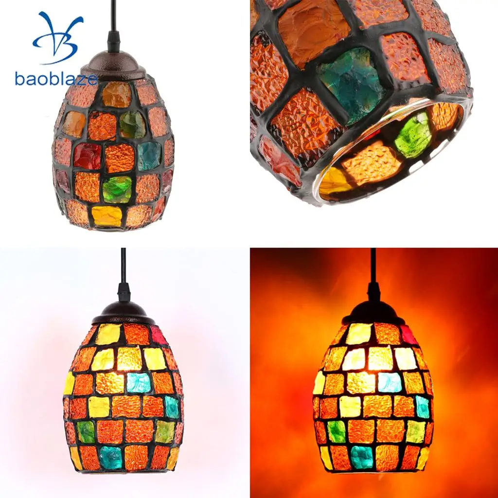 Vintage Retro Mosaic Style Multicolour Pendant Light Bulb Cage Ceiling Hanging Lampshade Home Bar Cafe Restaurant Decoration