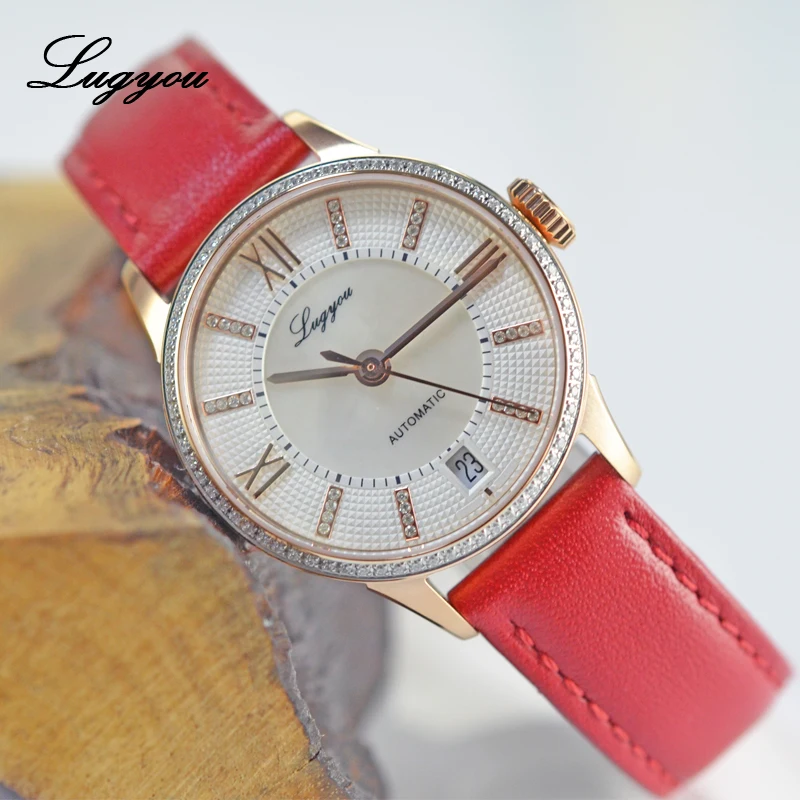 

Lugyou Women Watch Lady Rose Gold Automatic Seagull ST2130 Stainless Steel Diamonds Watch Sapphire See-through Back Leather