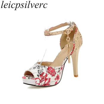 

Women Sandals 2018 New Sexy Fashion Spring Summer High Heels Pu Bling Buckle Peep Toe Thin Heels Platform Party Shoes Black Blue