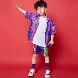 Детские танцевальные костюмы для мальчиков, костюмы в стиле хип-хоп, фиолетовый народный узор, детские костюмы для уличных танцев, Детский