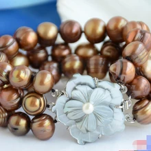 P4843 3row " 14 мм почти круглые кофе винтовой резьбой пресноводных жемчужный браслет благородный стиль естественно прекрасно jewe быстрая