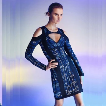 

2018 Elegant Blue Long Sleeve Jacquard Chic Summer Patchwork Knee- Lengrh Vestidos Bodycon Newest Club Celebrity Party Festa