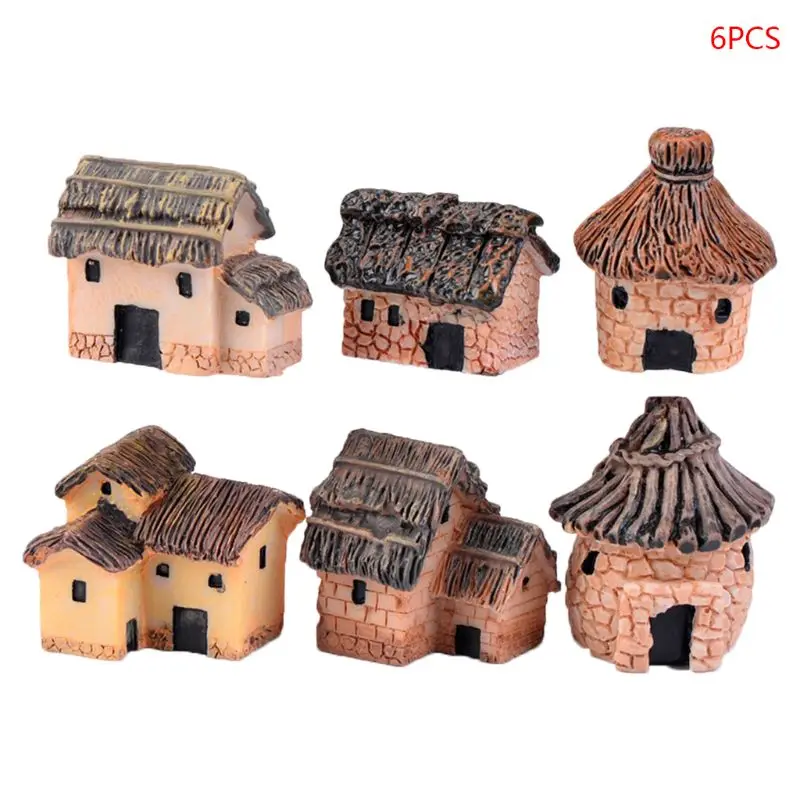 

6Pcs/Set Thatched Resin Small House Creative Crafts Miniature Gardening Landscape Micro Village Stone Houses Garden Decor