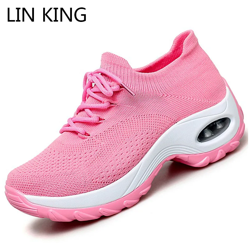 

LIN KING New Design Breathable Mesh Women Casual Shoes Fashion Air Cushion Lace Up Sneakers Shallow Wedges Swing Shoes Big Size