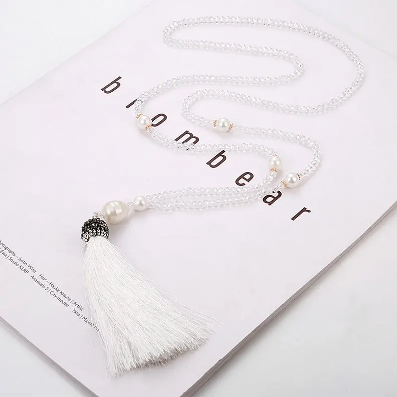 Lovbeafas модные браслеты, богемные ювелирные изделия, длинное ожерелье с кисточками, женские хрустальные бусы, Жемчужное винтажное массивное ожерелье ручной работы с бахромой - Окраска металла: White