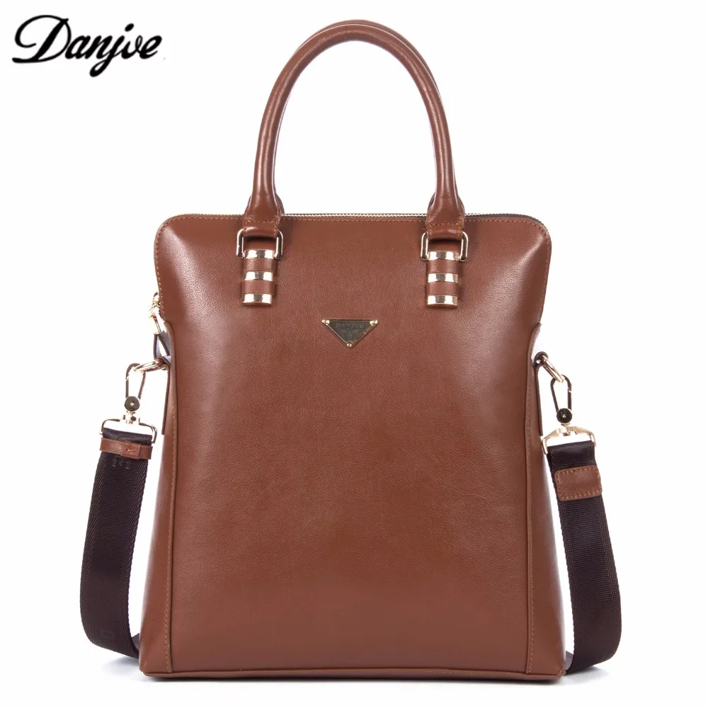 DANJUE Leather Handbag Tote Brand Brown Soft Zipper IPAD Business Men Leather Messenger Briefcase with Shoulder Strap 8830-2A
