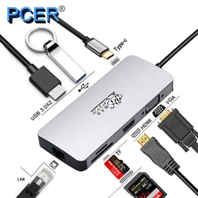 PCER C USB HUBS ADAPTADOR DOCKING STATION PORTÁTIL DONGLE HDMI PARA VGA DP thunderbolt 3.0 Ethernet lan CARTÃO SD TF USB 3.0 TIPO C DOCA