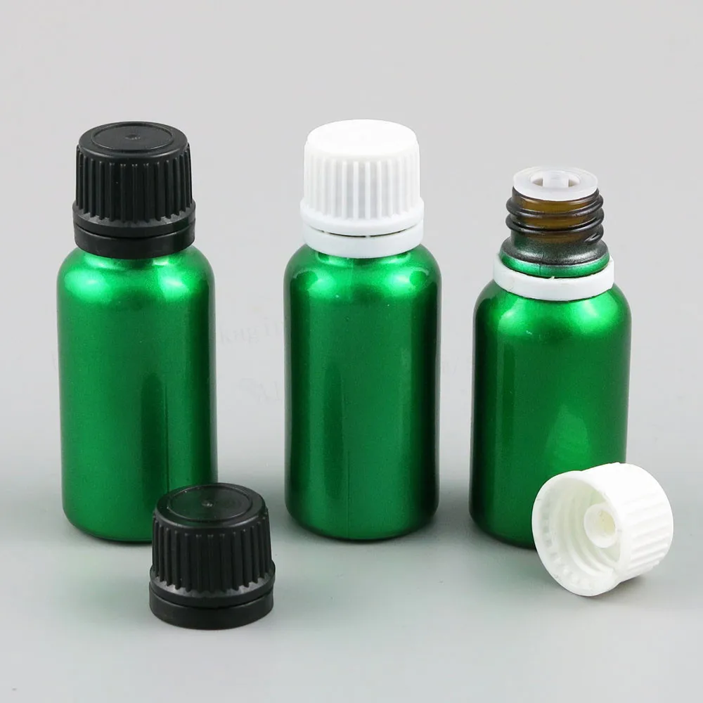 

15ml 20ml Refillable Green Glass Essential Oil Bottles 1/2OZ 2/3OZ Containers With White Black Tamper Evident cap 12pcs