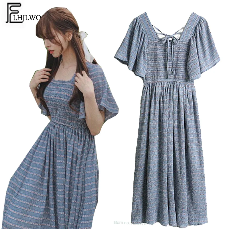 

Cute Sweet Dresses Women Summer Ruffled A Line Blue Elastic Waist Cute Girls Striped Strapless Princess Dress 675