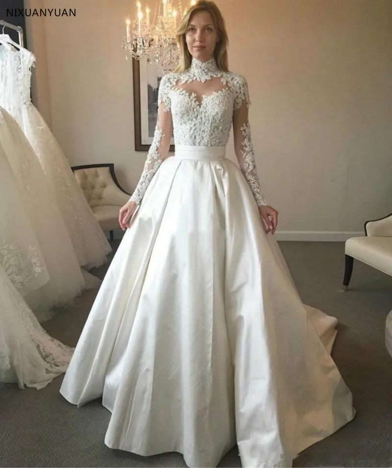 Принцесса Линия Свадебные платья с длинным рукавом Высокая Шея Кружева Аппликация прозрачная спина сад развертки поезд невесты свадебное платье