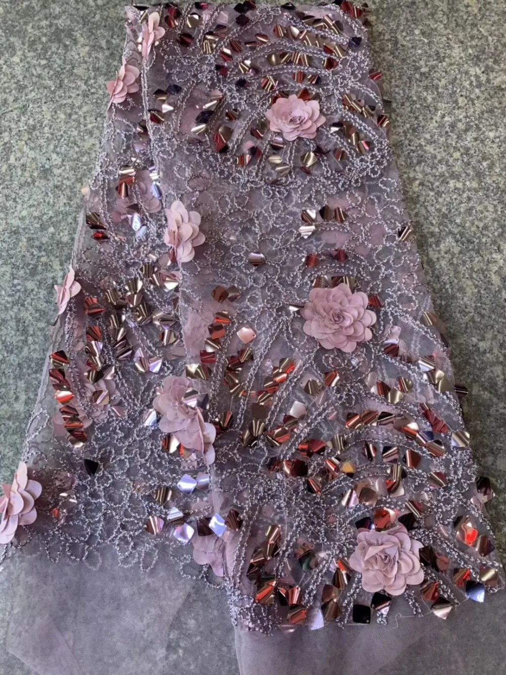 

Gold 2019 Latest French Nigerian Laces Fabric High Quality Sequins Lace Fabric African 3D Handmade beads Tulle Lace Fabric Pink