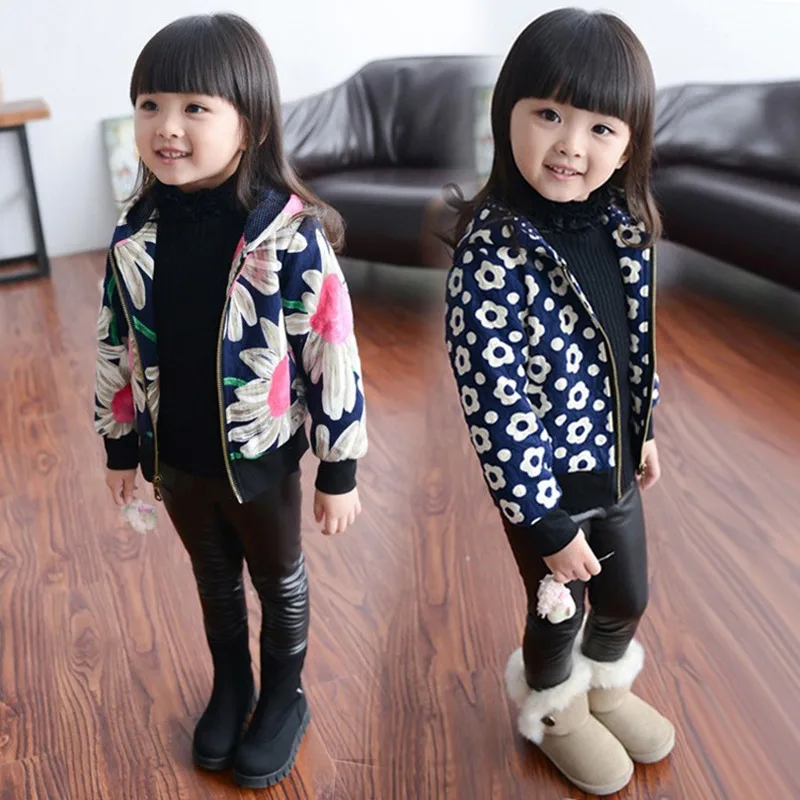 

2017 New Girls Jacket Children's Parkas Winter Jackets For Girl Clothing Kids Hooded Coat Plus Velvet Flower Jacket For Girls