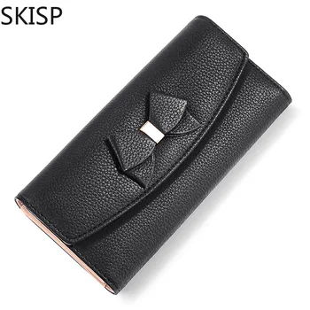 

Fashion Bow Pattern Women Wallets Black Elegant Leather Long Wallet Female Brand Card Holder Ladies Phone Purse Carteira Hot