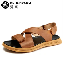 Fashion Boys Hook Loop Real Leather Hook Loop Sandals Lesiure Men Cross-Tied Summer Ankle Strap Casual Slides Shoes