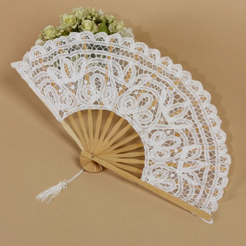 Элегантный костюм реквизит зонтик и веер для женщин принцесса косплей, хлопковый кружевной зонтик Свадебная вечеринка деревянный Зонт Ручной Веер - Цвет: White Fan