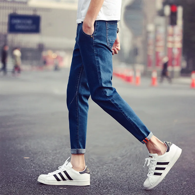 

2019 spring and summer men's nine points jeans trend Slim stretch feet pants solid color wild men's pants jeans