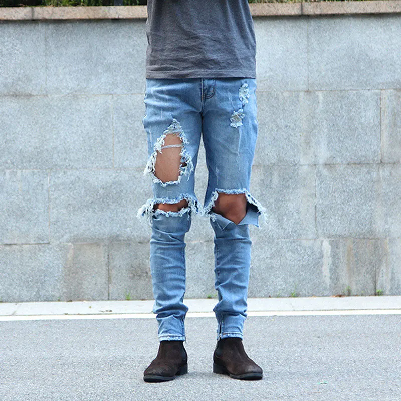 

2017 New Arrival Fashion Urban Cool Side Zipper Jeans Skinny Stretchy Destroyed Distressed Knee Ripped Jeans With Holes For Men