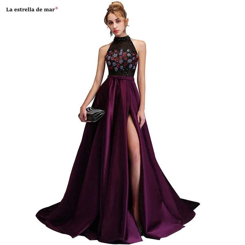 

Robe bal de promo2019 new high neck crystal high slit A Line purple prom dress long luxury vestido formatura custom African prom