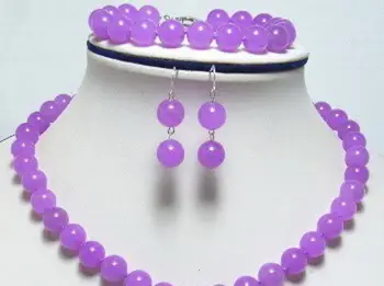 

Genuine 10mm Purple Chalcedony Necklace +Bracelet +Earrngs Set Fashion Jewelry Set Natural Stone Christmas gifts (Min Order 1)