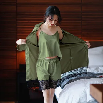 

3pcs Set Sexy Silk Pajama Suit Homewear for Women Sleepwear Nightie Pijamas