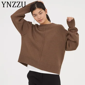 

YNZZU Solid Casual Wool Sweater Women 2019 Newest Fashion O Neck Long Sleeve Autumn Knitted Pullovers Loose Female Jumper AT304