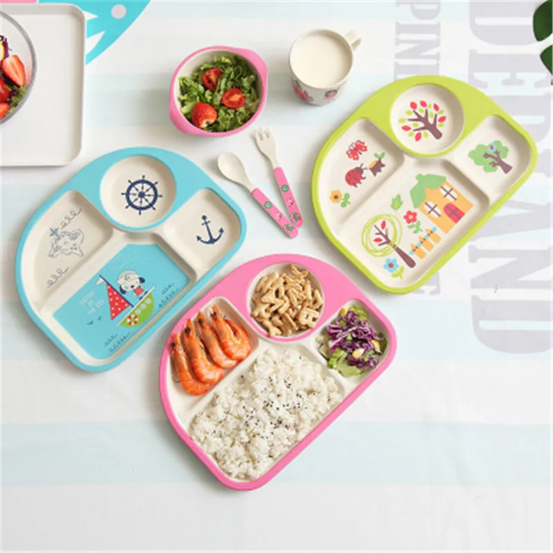 

New Cute 1PC Baby Feeding Service Plate/Tray With Cup Spoon Plate Fork Children Dish Tableware Set Kid Natural Bamboo Fiber Bowl