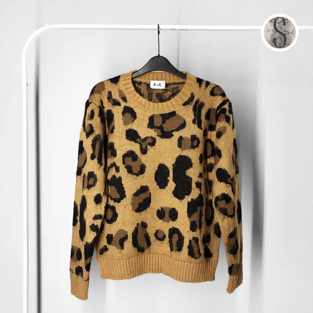 Leopard Print Cashmere Sweater Women Pullover Mohair Sweater Korean Long Sleeve Knit Pullovers O-Neck Winter Warm Jumper Tops