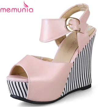 

MEMUNIA Two colors stripe hot sale summer shoes woman wedges shoes simple buckle high sandals women shoes size 34-45