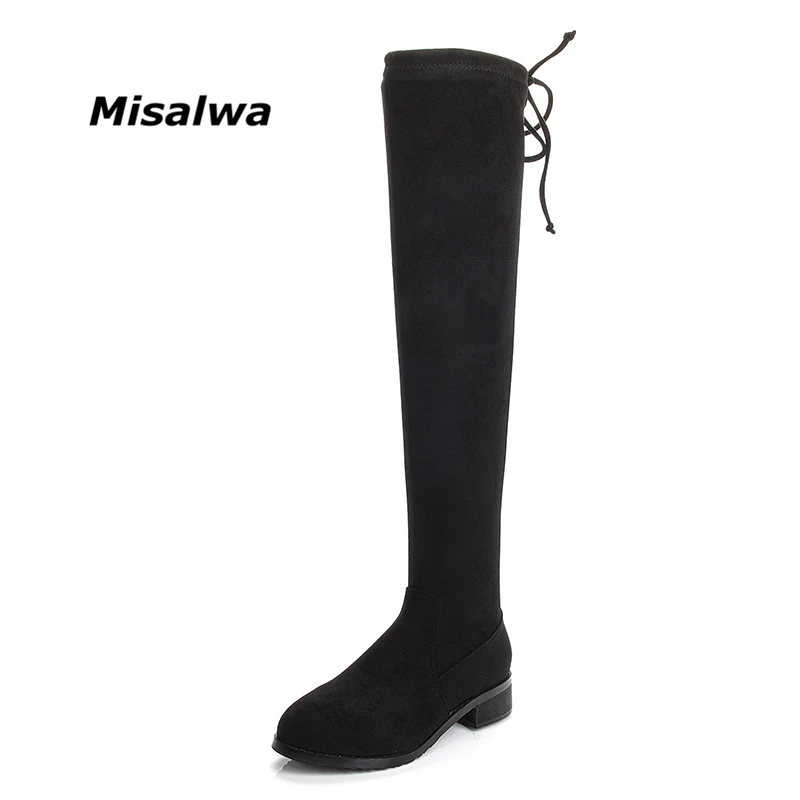 

Misalwa 2018 Sheepskin Leather New Over The Knee Boots Fashion Round Head Autumn Winter Plus Velvet Women Boots Charm Black
